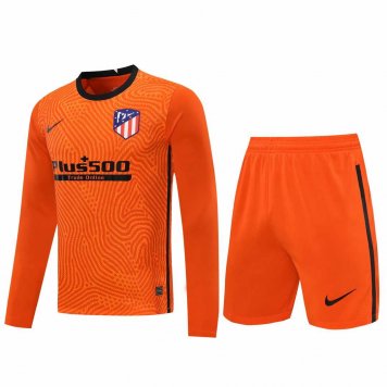 2020/21 Atletico Madrid Goalkeeper Orange Long Sleeve Mens Soccer Jersey Replica + Shorts Set [2020127376]