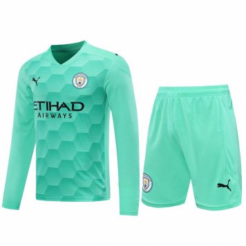 2020/21 Manchester City Goalkeeper Green Long Sleeve Mens Soccer Jersey Replica + Shorts Set [2020127365]