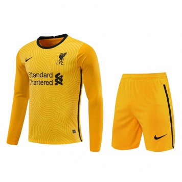 2020/21 Liverpool Goalkeeper Yellow Long Sleeve Mens Soccer Jersey Replica + Shorts Set [2020127396]