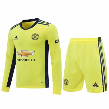 2020/21 Manchester United Goalkeeper Yellow Long Sleeve Mens Soccer Jersey Replica + Shorts Set [2020127367]