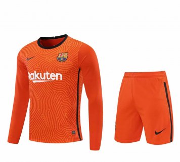 2020/21 Barcelona Goalkeeper Orange Long Sleeve Mens Soccer Jersey Replica + Shorts Set [2020127395]