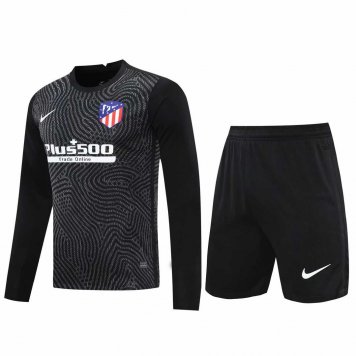 2020/21 Atletico Madrid Goalkeeper Black Long Sleeve Mens Soccer Jersey Replica + Shorts Set [2020127379]