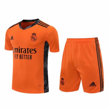 2020/21 Real Madrid Goalkeeper Orange Mens Soccer Jersey Replica + Shorts Set [2020127403]